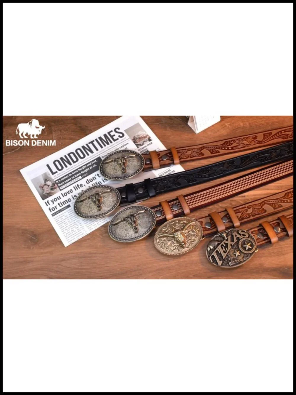 Western Cowboy Leather Belt with Embossed Pattern & Horn Buckle